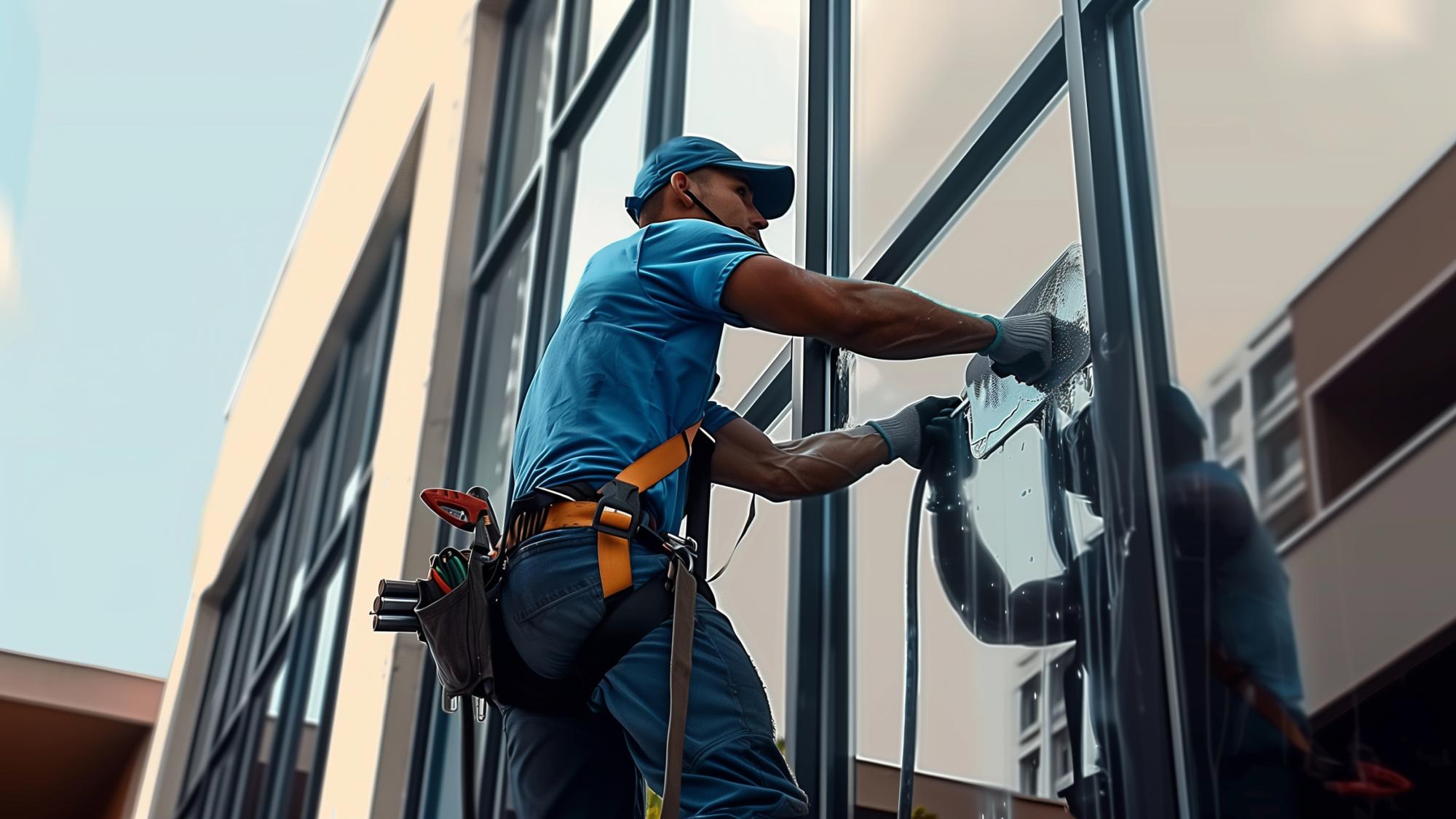 A worker in a blue shirt and cap is cleaning a large glass window on a modern building, using a squeegee. The worker is equipped with a tool belt and appears focused on the task.